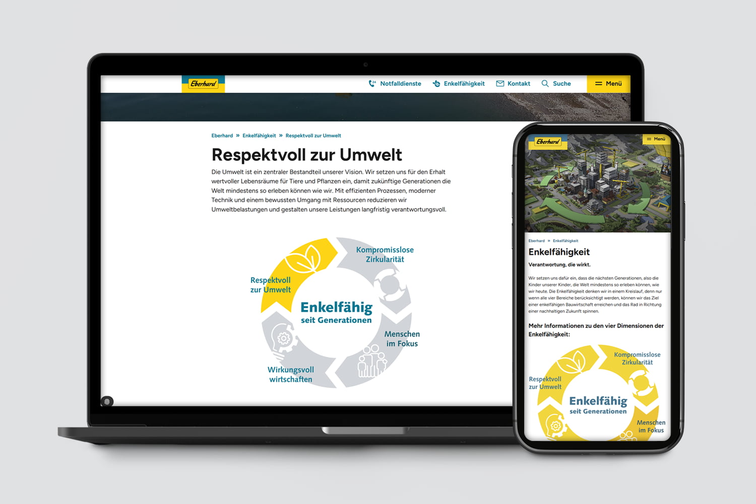 Laptop und Smartphone zeigen Webseite über Nachhaltigkeit mit Kreissymbol