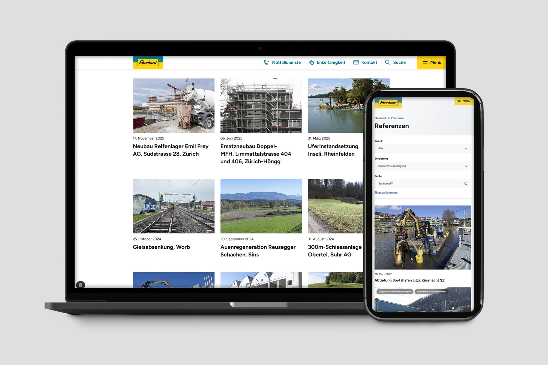 Screenshot eines Laptop- und Mobilgeräts mit einem Webbrowser, der eine Website mit Bildern und Texten anzeigt.