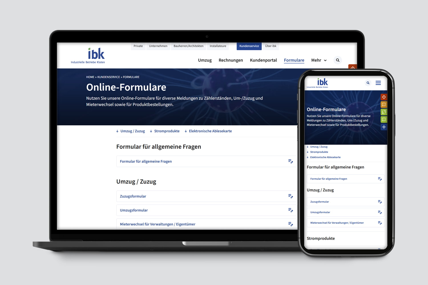 Laptop und Smartphone zeigen die Website Online-Formulare der IBK.