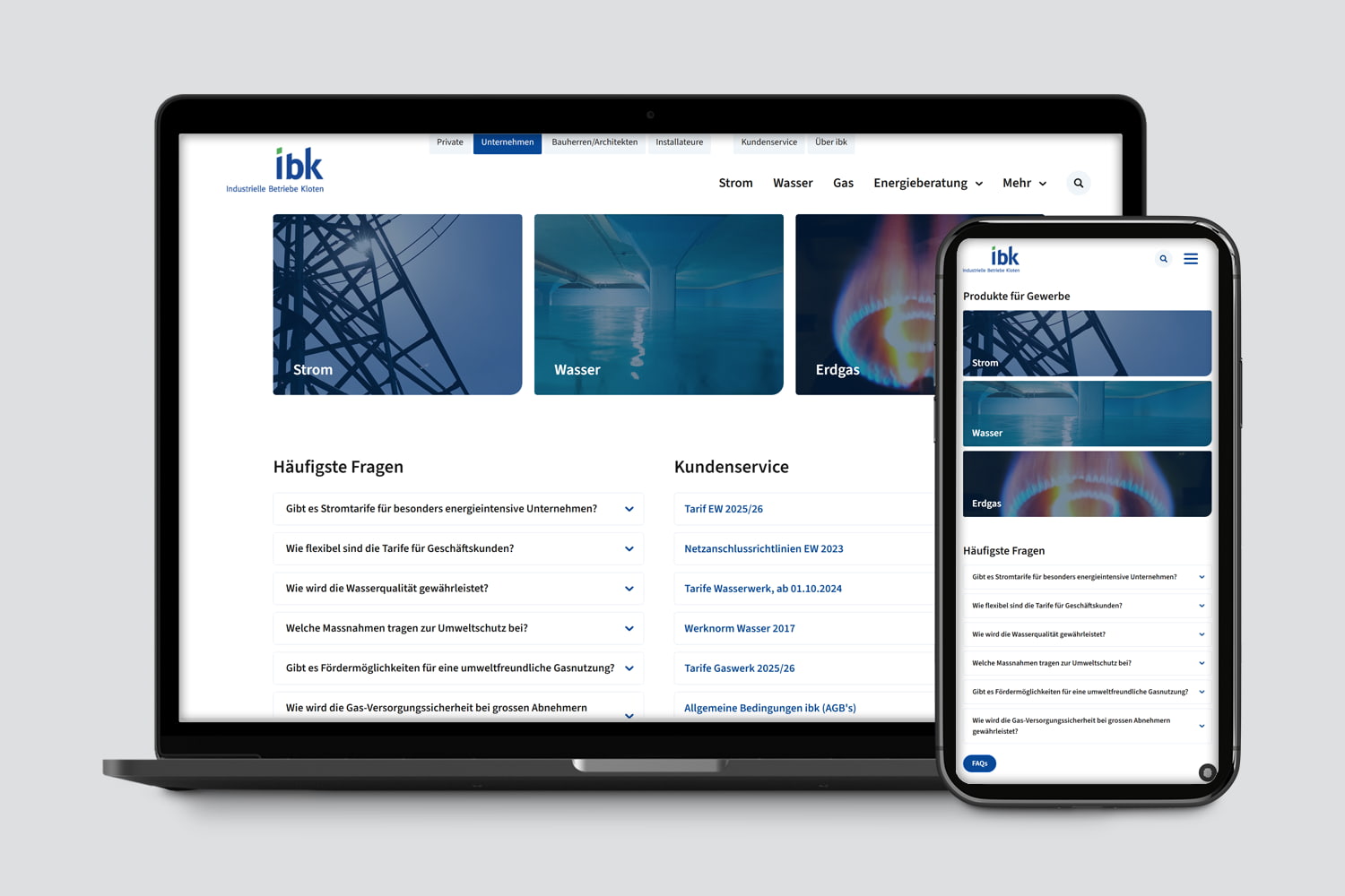 Webseite des Energieversorgers IBK auf Laptop und Smartphone mit Informationen zu Strom, Wasser und Gas.
