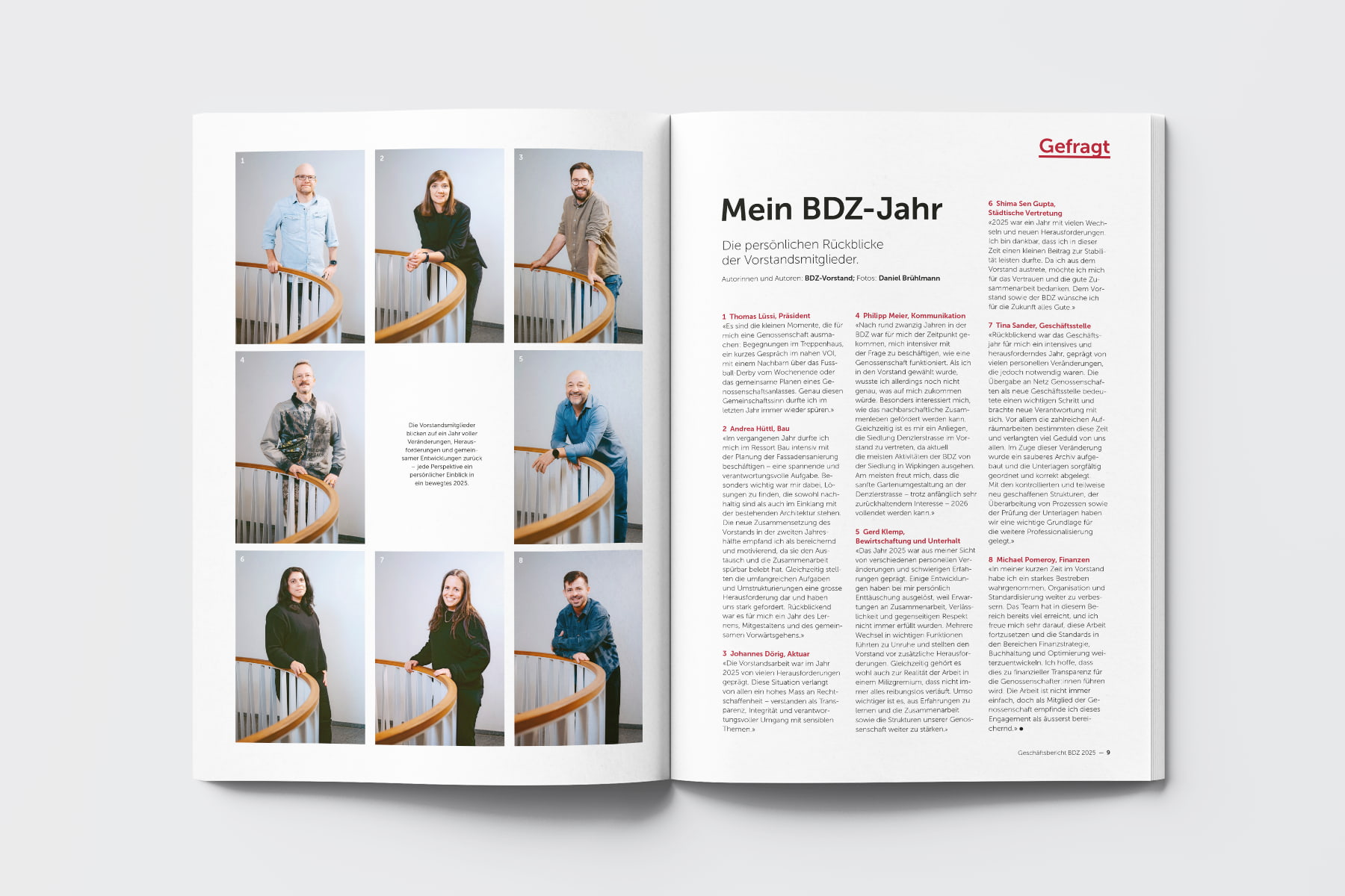 Magazinseite mit Porträts von acht Personen auf einer Treppe und einem Artikel mit dem Titel Mein BDZ-Jahr