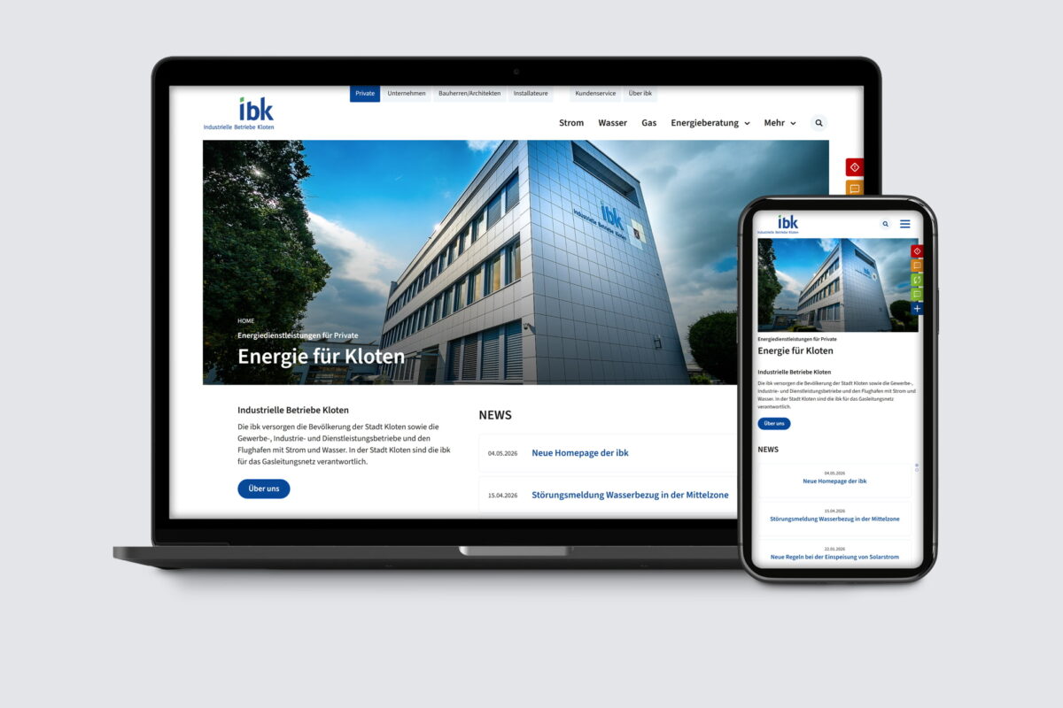 Webseite der IBK auf Laptop und Smartphone mit Informationen zu Energie für Kloten