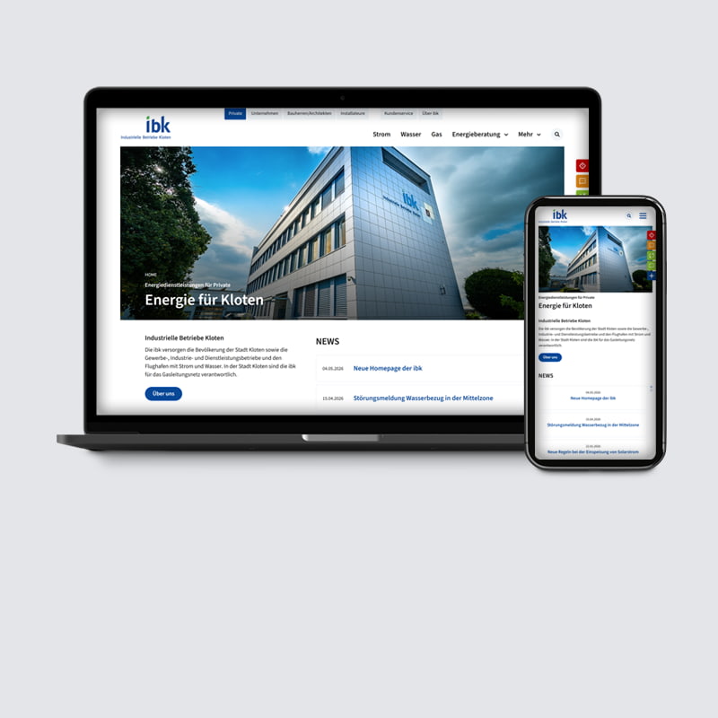 Laptop und Smartphone zeigen Website der IBK mit Gebäudeabbildung und Nachrichten.