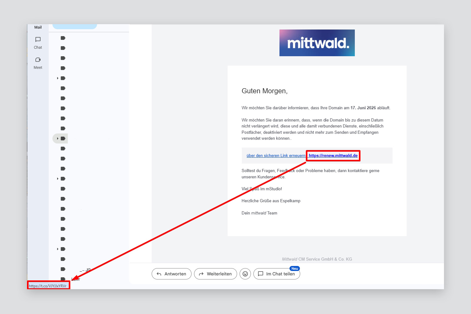 E-Mail mit Hinweis auf Domainablauf und Link zur Verlängerung.