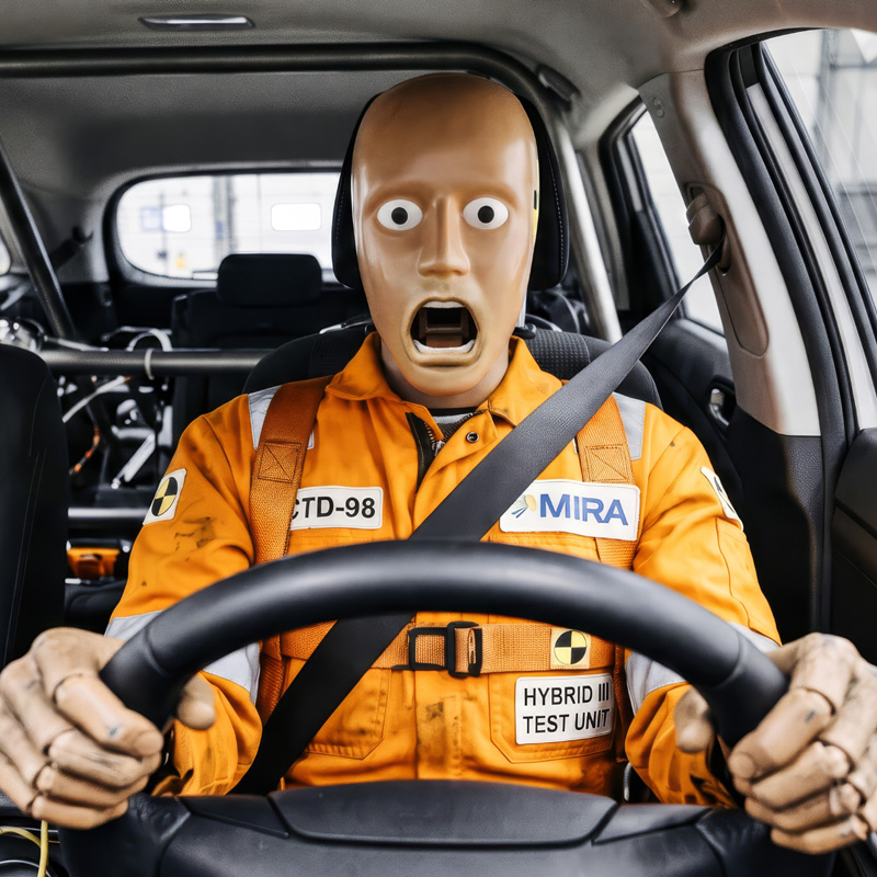 Crash-Test-Dummy mit offenem Mund und Sicherheitsgurt im Auto.